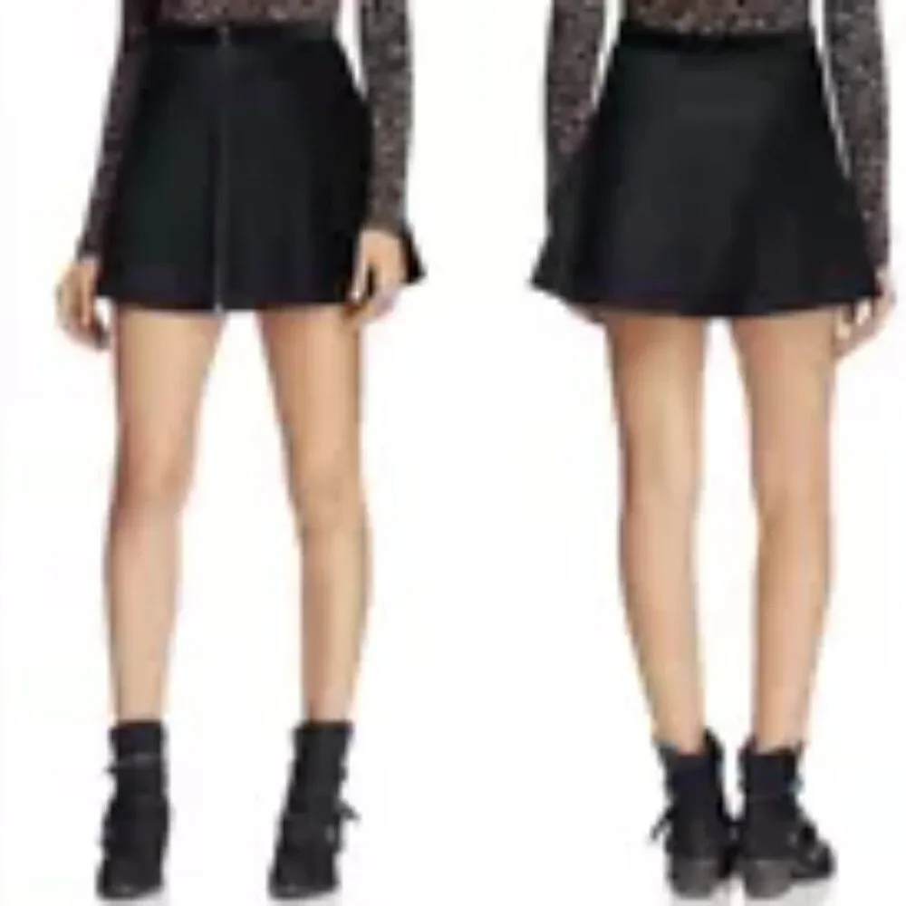 Free People Black Funkytown Velvet Mini Front Zipper A-line Skater Skirt Size 4